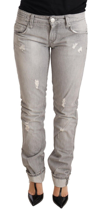 Gray Tattered Cotton Slim Fit Folded Hem Women Denim Jeans