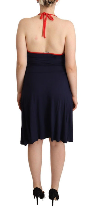 Navy Blue Sleeveless Halter Sheath Midi Dress