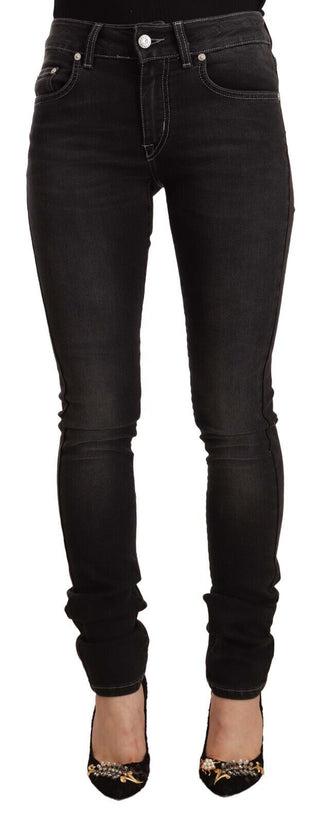 Black Washed Mid Waist Cotton Denim Skinny Jeans