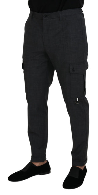 Gray Checked Cargo Trousers Stretch Pants