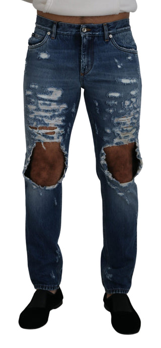Blue Cotton Tattered Men Denim Jeans
