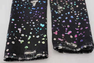 Black Multicolor Print Tattered Denim Jeans