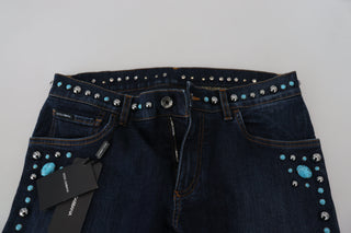 Blue Cotton Studded Low Waist Denim Jeans