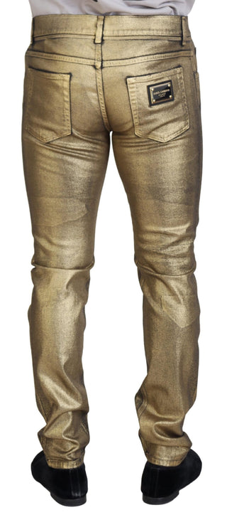 Gold Cotton Tattered Skinny Men Denim Jeans