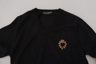 Gray Cashmere V-neck Gold Heart Sweater