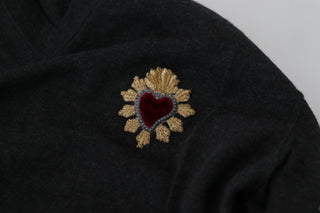 Gray Cashmere V-neck Gold Heart Sweater