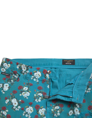 Blue Floral Print Skinny Cotton Denim Pants