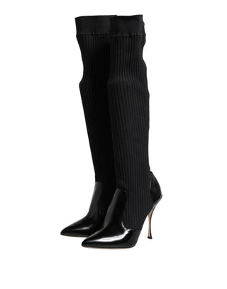 Black Leather Ribbed Knit Knee Boots Shoes
