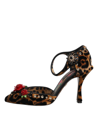 Brown Leopard Crystal Roses Pumps Shoes