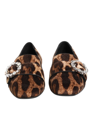 Brown Leopard Print Crystals Loafers Flats Shoes