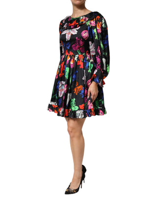 Dress Black Multicolor Floral Ruffle Long Sleeve Mini Dress