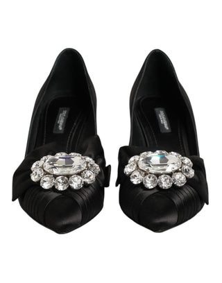Black Satin Bow Crystal Embellishment Pumps Shoes