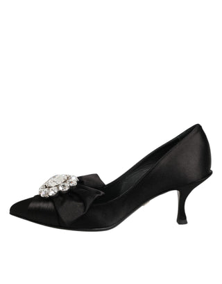 Black Satin Bow Crystal Embellishment Pumps Shoes
