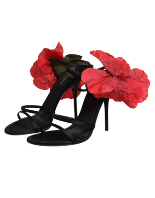 Black Leather Strappy Flower Heels Sandals  Shoes