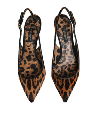 Brown Leopard Calfskin Fur Slingbacks Shoes