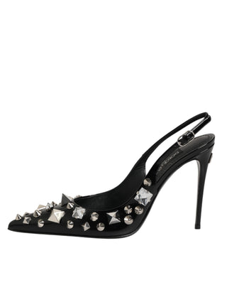 Black Studded Leather Heels Slingbacks Shoes