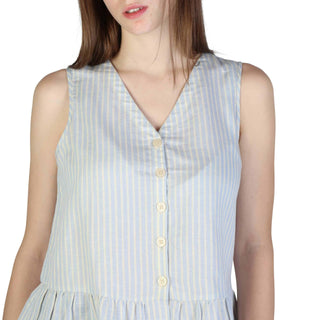 Striped button-down sleeveless top.