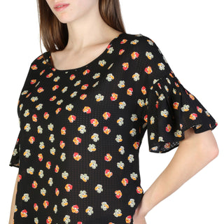 Black floral print blouse.