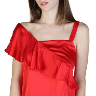 Red one-shoulder dress with ruffle.