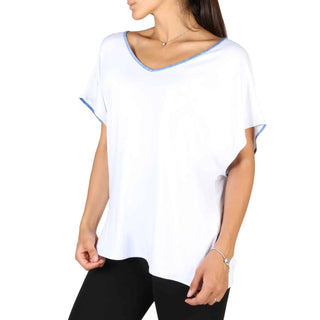White V-neck top with blue trim.