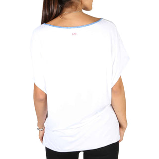 White, short-sleeved top.