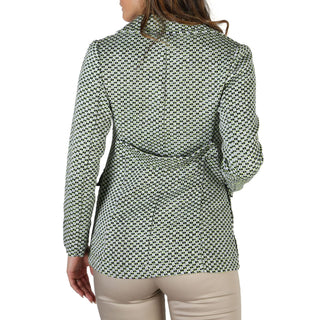 Woman’s patterned blazer.