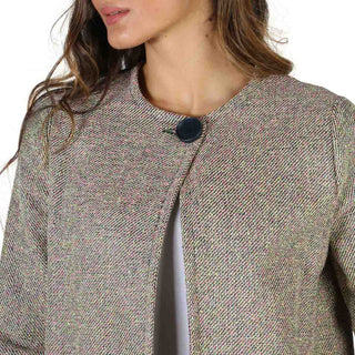 Textured brown jacket with a single button.
