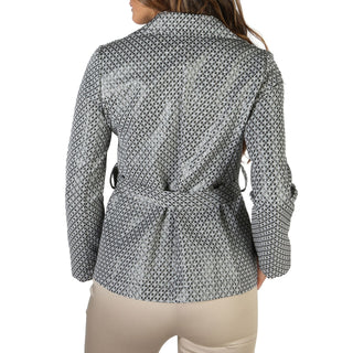 Patterned belted jacket.