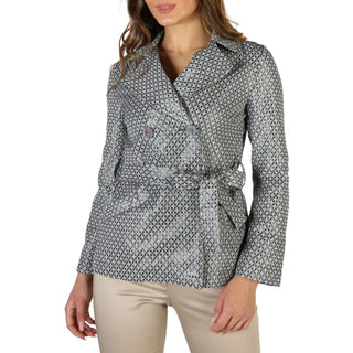 Woman’s patterned double-breasted jacket.