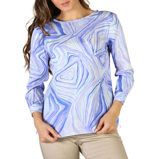 Blue and white patterned long-sleeved top.