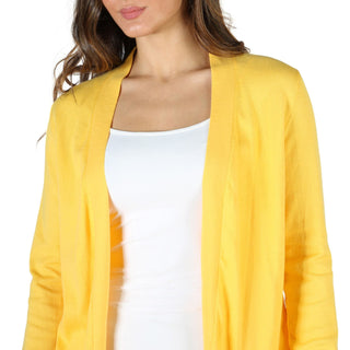 Yellow open-front cardigan.
