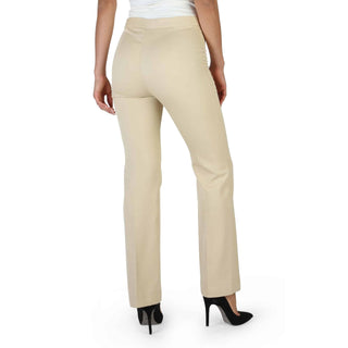 Beige straight-leg pants.