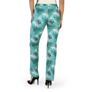 Green palm-patterned pants.