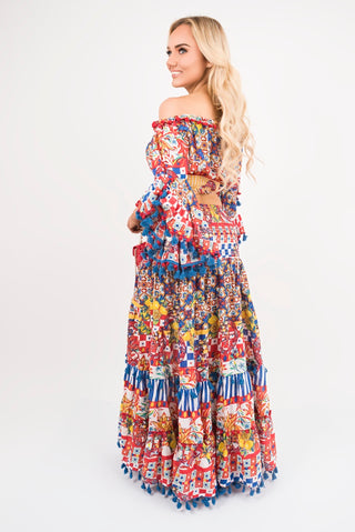 Bardot Crop Top and Maxi Skirt Co-Ord with Frill Trim