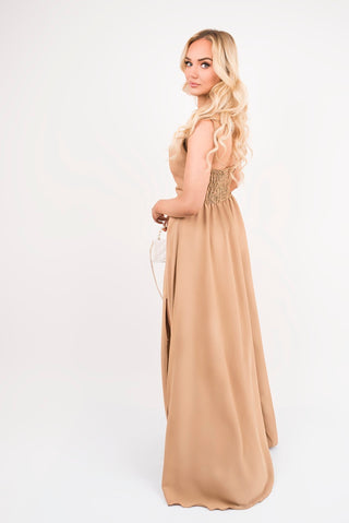 Cowl Neck Tie Strap Maxi Dress with Thigh Split