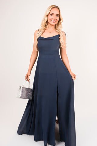 Cowl Neck Tie Strap Maxi Dress with Thigh Split