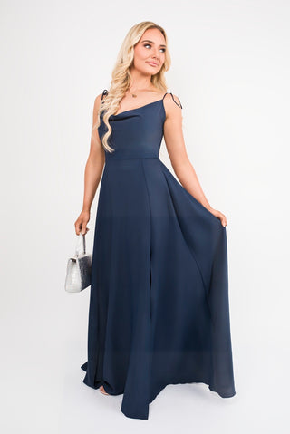 Cowl Neck Tie Strap Maxi Dress with Thigh Split