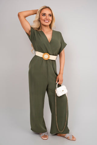 V Neck Short Sleeve Wide Leg Jumpsuit with Woven Belt