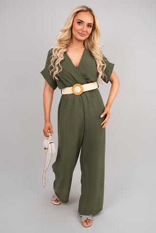 V Neck Short Sleeve Wide Leg Jumpsuit with Woven Belt