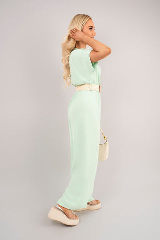 V Neck Short Sleeve Wide Leg Jumpsuit with Woven Belt