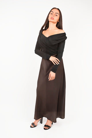 Off Shoulder Long Sleeve Draped Top with Wrap Front Detail