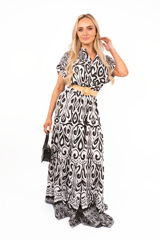 Button Down Printed Maxi Shirt Dress with Waist Detail