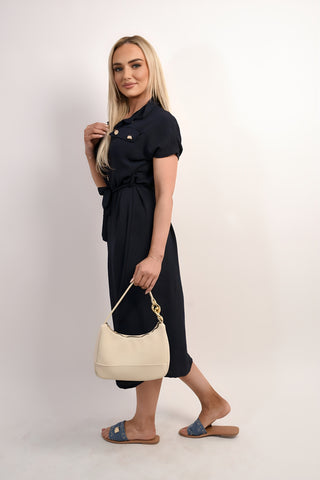 Collared Button Down Short Sleeve Tie Waist Midi Dress