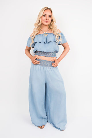 Bardot Crop Top and Wide Leg Trousers Co-Ord with Smock Detail