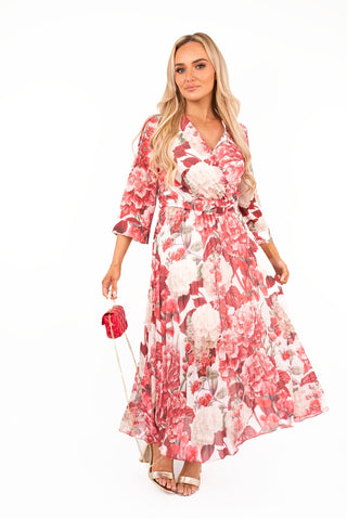 Long Sleeve Floral Pleated Maxi Dress with Wrap Neckline