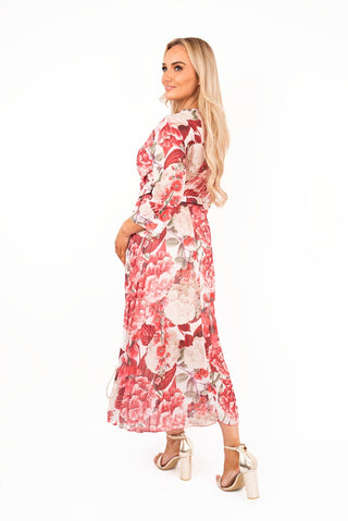 Long Sleeve Floral Pleated Maxi Dress with Wrap Neckline