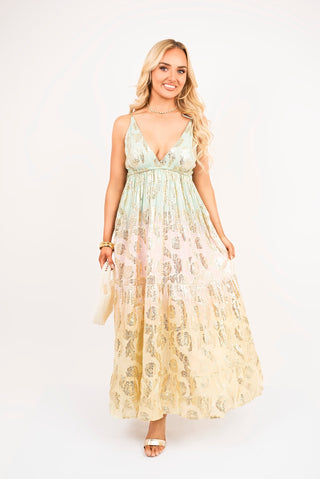 Sleeveless V Neck Maxi Dress with Metallic Print Detail