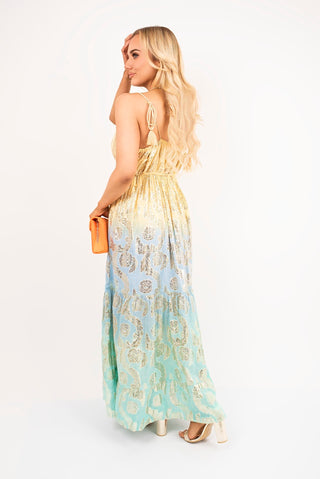 Sleeveless V Neck Maxi Dress with Metallic Print Detail