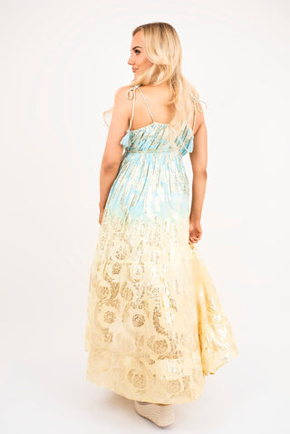 Sleeveless V Neck Maxi Dress with Metallic Print Detail