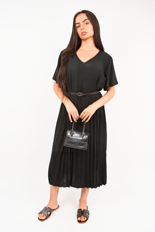 Short Sleeve Pleated Midi Dress with Waist Belt